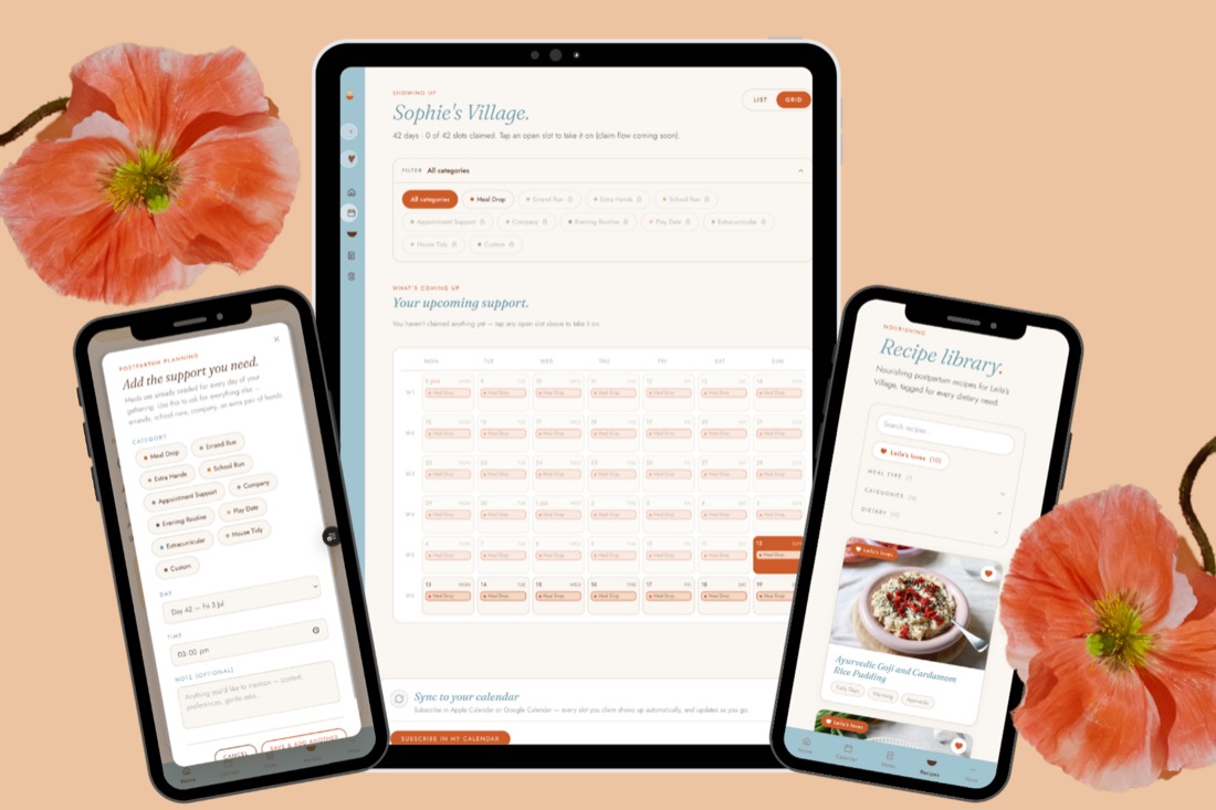 Your Postpartum Village on a tablet and phones